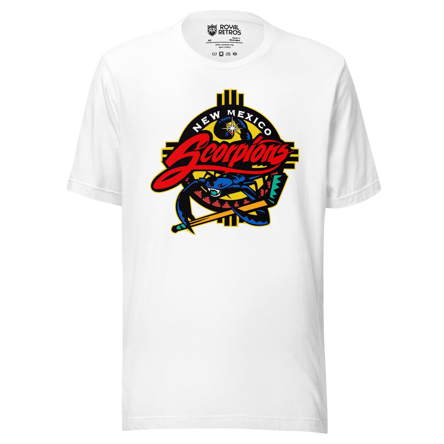New Mexico Scorpions hockey T-shirt in white. Southwestern Zia-sun emblem in yellow and black behind a blue scorpion gripping a hockey stick, with 'New Mexico Scorpions' wordmark in white and red script.
