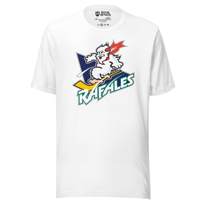 Quebec Rafales hockey T-shirt. White. White Yeti riding a yellow hockey stick over a purple triangle. RAFALES angled in white with blue trim below. Royal Retros.