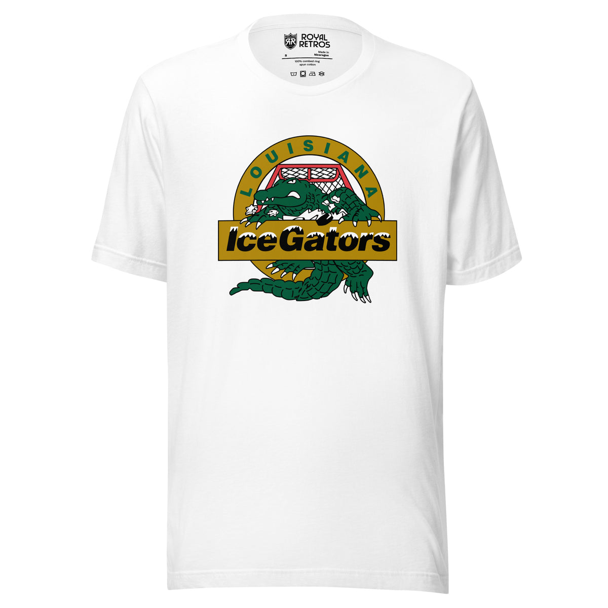 Louisiana IceGators white t-shirt. Green alligator crest on a gold circle at the center chest, LOUISIANA arced above, IceGators across a gold banner. Royal Retros
