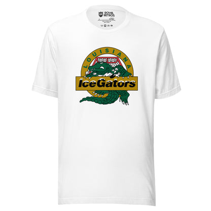 Louisiana IceGators white t-shirt. Green alligator crest on a gold circle at the center chest, LOUISIANA arced above, IceGators across a gold banner. Royal Retros