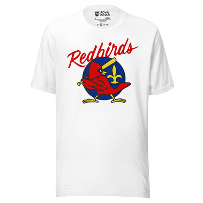 Louisville Redbirds T-shirt. White. Red Redbirds script over a red bird swinging a yellow bat in front of a blue circle with a yellow fleur-de-lis. Royal Retros