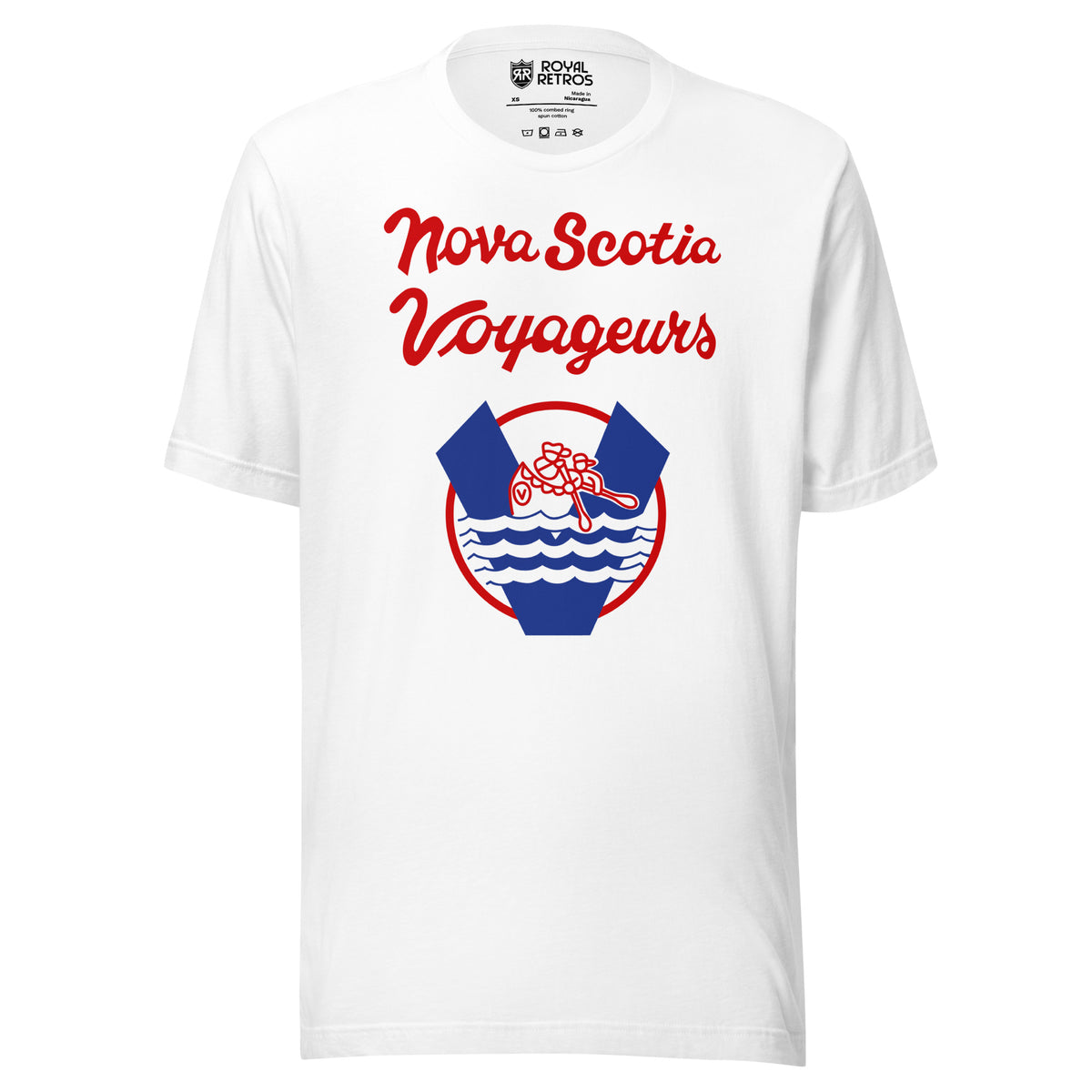 Nova Scotia Voyageurs T-shirt. White. Nova Scotia Voyageurs script over a round crest with a V, canoe paddlers and waves. Royal Retros