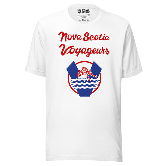 Nova Scotia Voyageurs T-shirt. White. Nova Scotia Voyageurs script over a round crest with a V, canoe paddlers and waves. Royal Retros