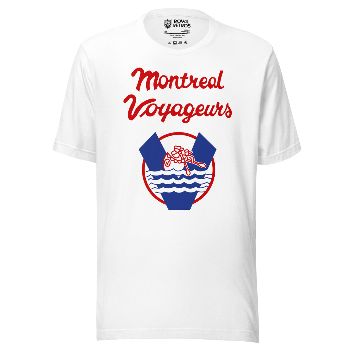 Montreal Voyageurs T-shirt. White. Montreal Voyageurs script over a round crest with a V, canoe paddlers and waves. Royal Retros
