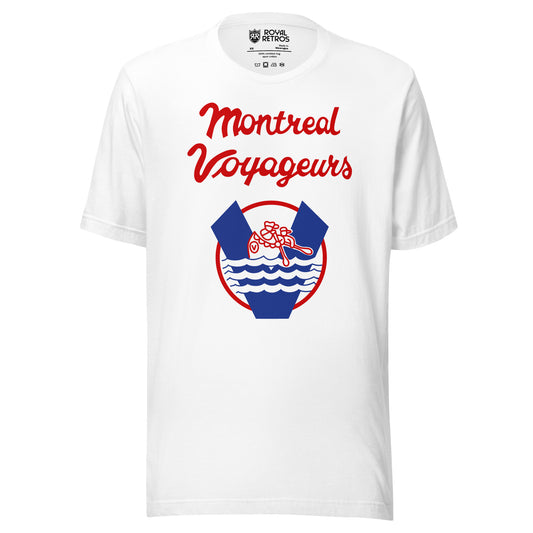 Montreal Voyageurs T-shirt. White. Montreal Voyageurs script over a round crest with a V, canoe paddlers and waves. Royal Retros