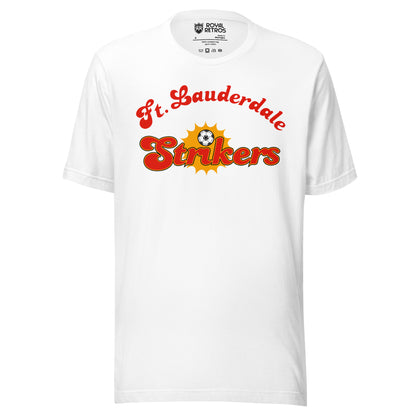 Fort Lauderdale Strikers T-shirt. White. Ft. Lauderdale script arched over Strikers with a soccer ball in a yellow sunburst. Royal Retros