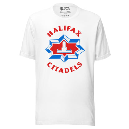 Halifax Citadels T-shirt. White. Red Halifax Citadels lettering ringed around a blue, white and red star crest with a white citadel tower. Royal Retros