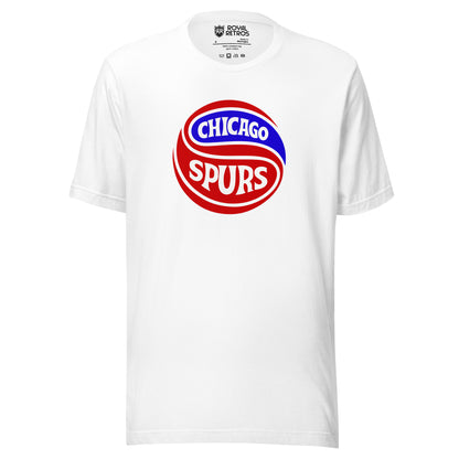 Chicago Spurs T-Shirt in white, front view, red and blue round crest with Chicago Spurs lettering Royal Retros