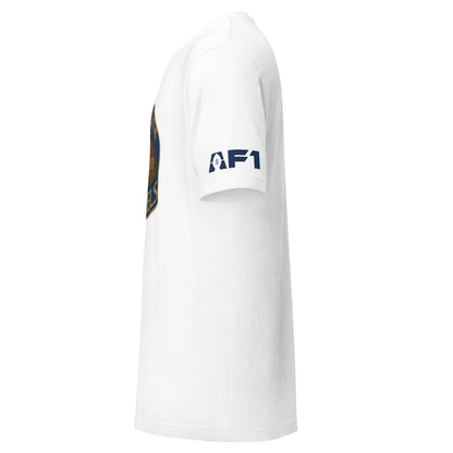 Kentucky Barrels AF1 football T-shirt. White. Sideview with AF1 logo on sleeve. Royal Retros