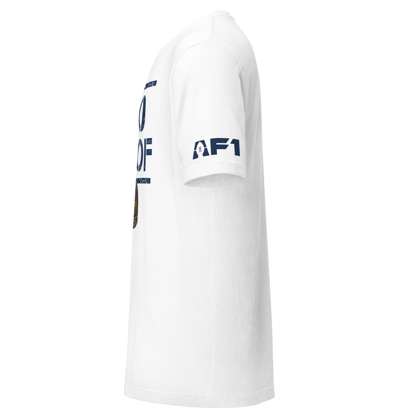 Kentucky Barrels 100 Proof T-shirt. Blue line across top. White. Side view with AF1 logo on left sleeve. Royal Retros