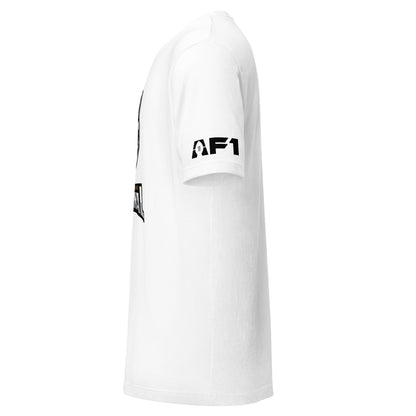 Michigan Arsenal T-shirt. Black. Side view with AF1 logo on sleeve.  Royal Retros