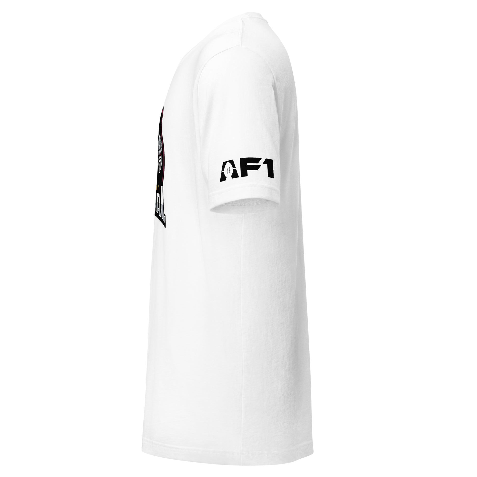 Michigan Arsenal Alternate T-shirt. white. Side view. AF1 logo on left sleeve shoulder. Royal Retros