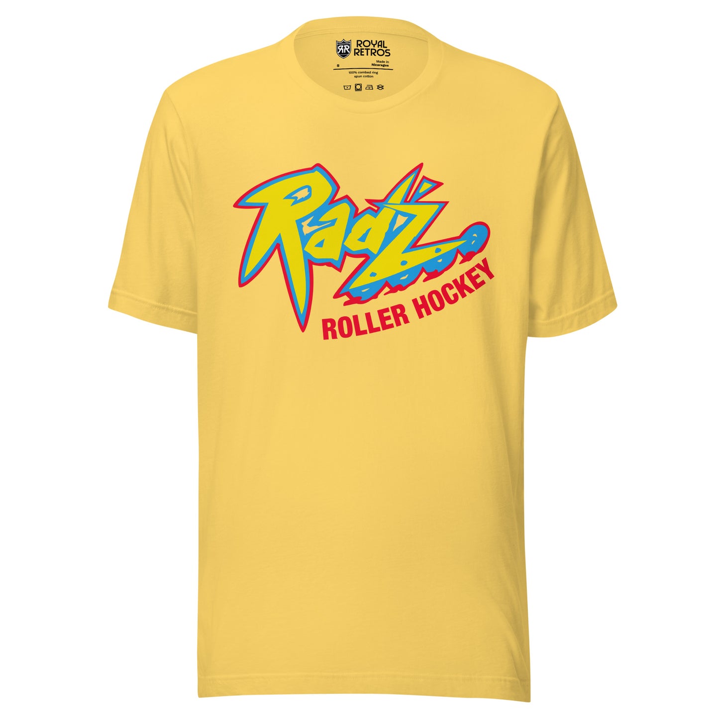 Calgary Rad'z Roller Hockey T-Shirt. Yellow. Stylized Rad'z in yellow with red and blue trim. Rollerblade wheels on bottom of Z. Roller Hockey in red below main logo. Royal Retros