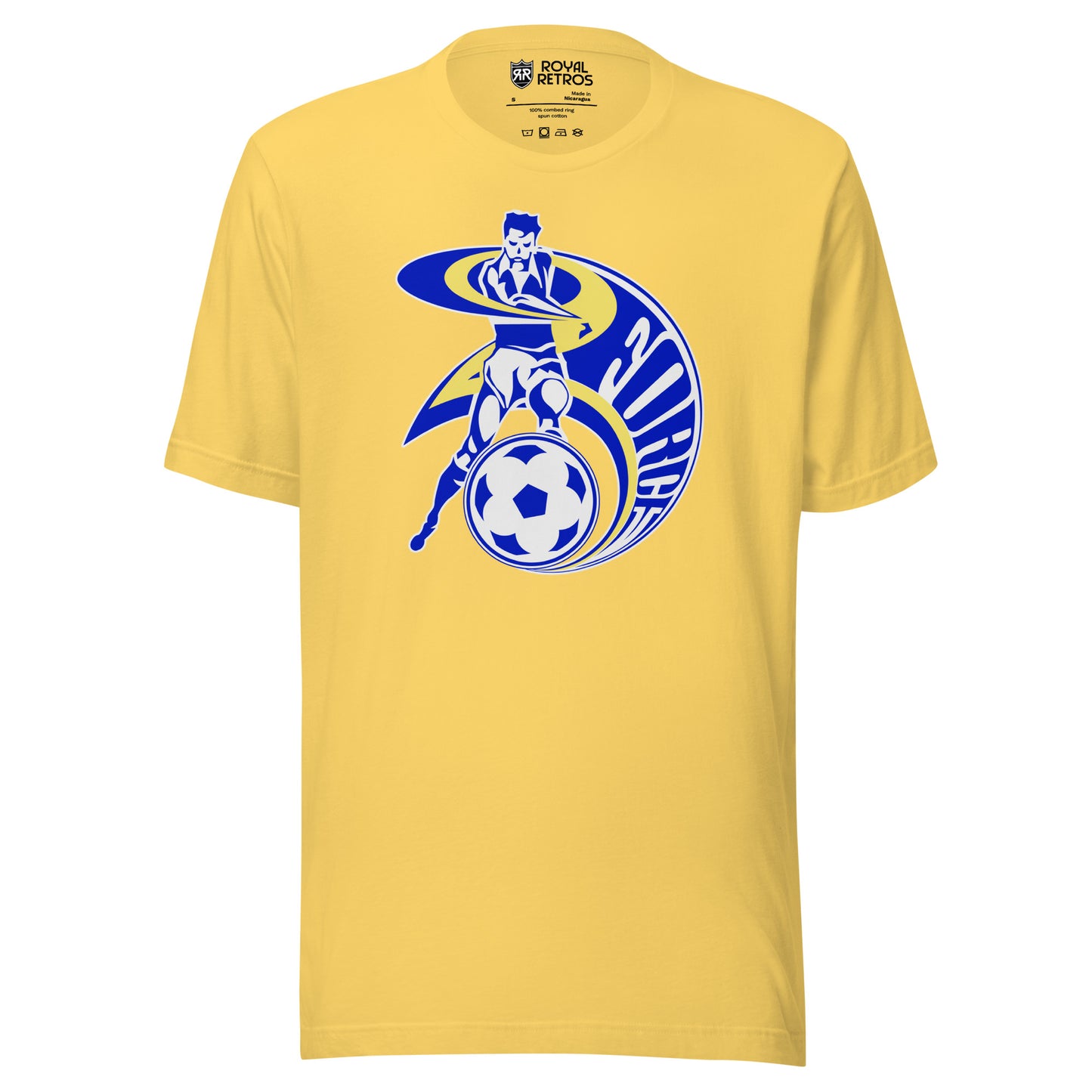 Cleveland Force Major Indoor Soccer League MISL T-shirt. Gold. Player with foot on soccer ball arm has blue and gold swoops coming off arm and around player. FORCE inside the swoop going down the right side of the player. Royal Retros