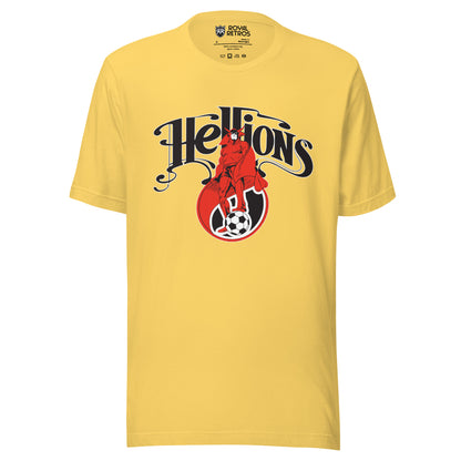 Hartford Hellions Major Indoor Soccer League MISL T-shirt. Yellow. Stylized Hellions in black above red beast over small soccer ball. Royal Retros.