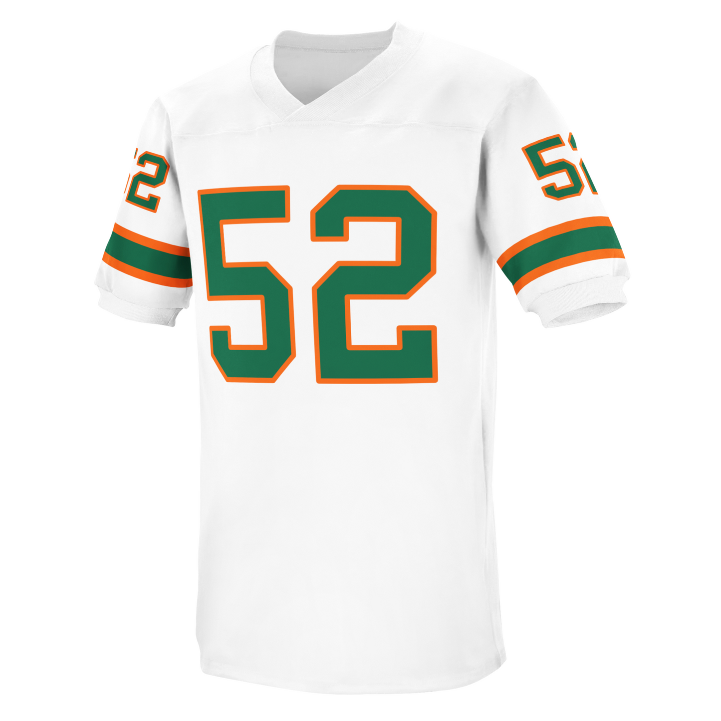 University of Miami jersey white. Orange, green, orange stripes just above sleeve ends. #52 in green with orange trim, large on chest, small on sleeves. Royal Retros