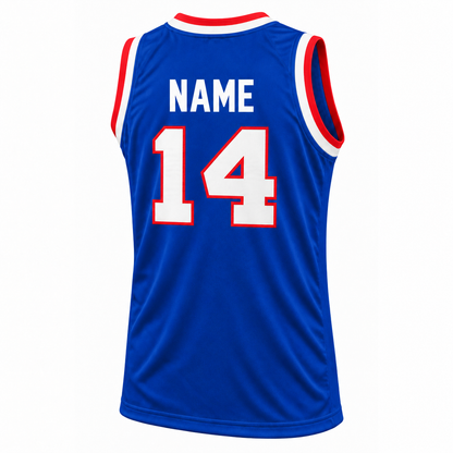1960 USA blue basketball jersey back mockup, white NAME without outline and number 14 in white with red outline.