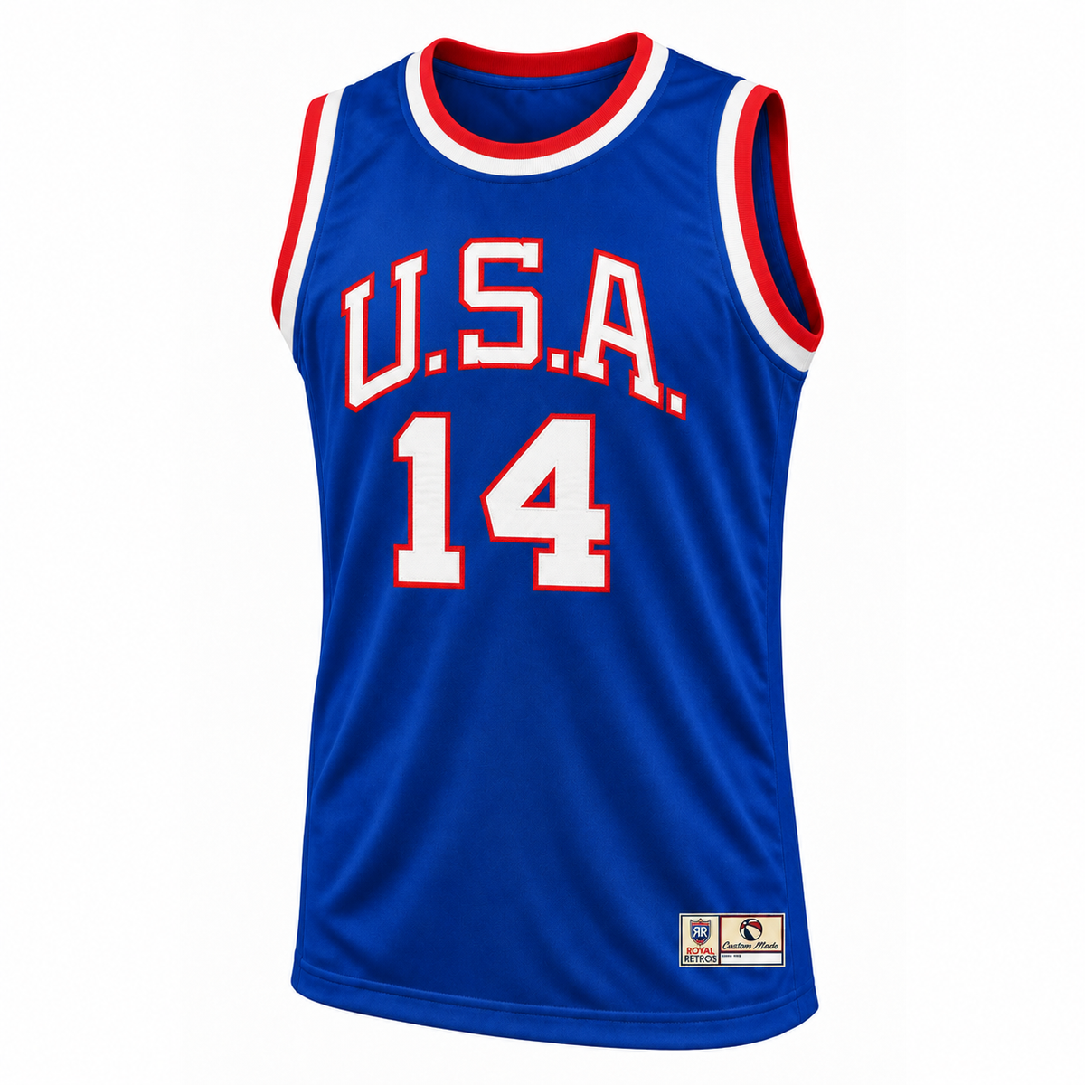 1960 USA blue basketball jersey front mockup, U.S.A. and number 14 in white with red outlines.