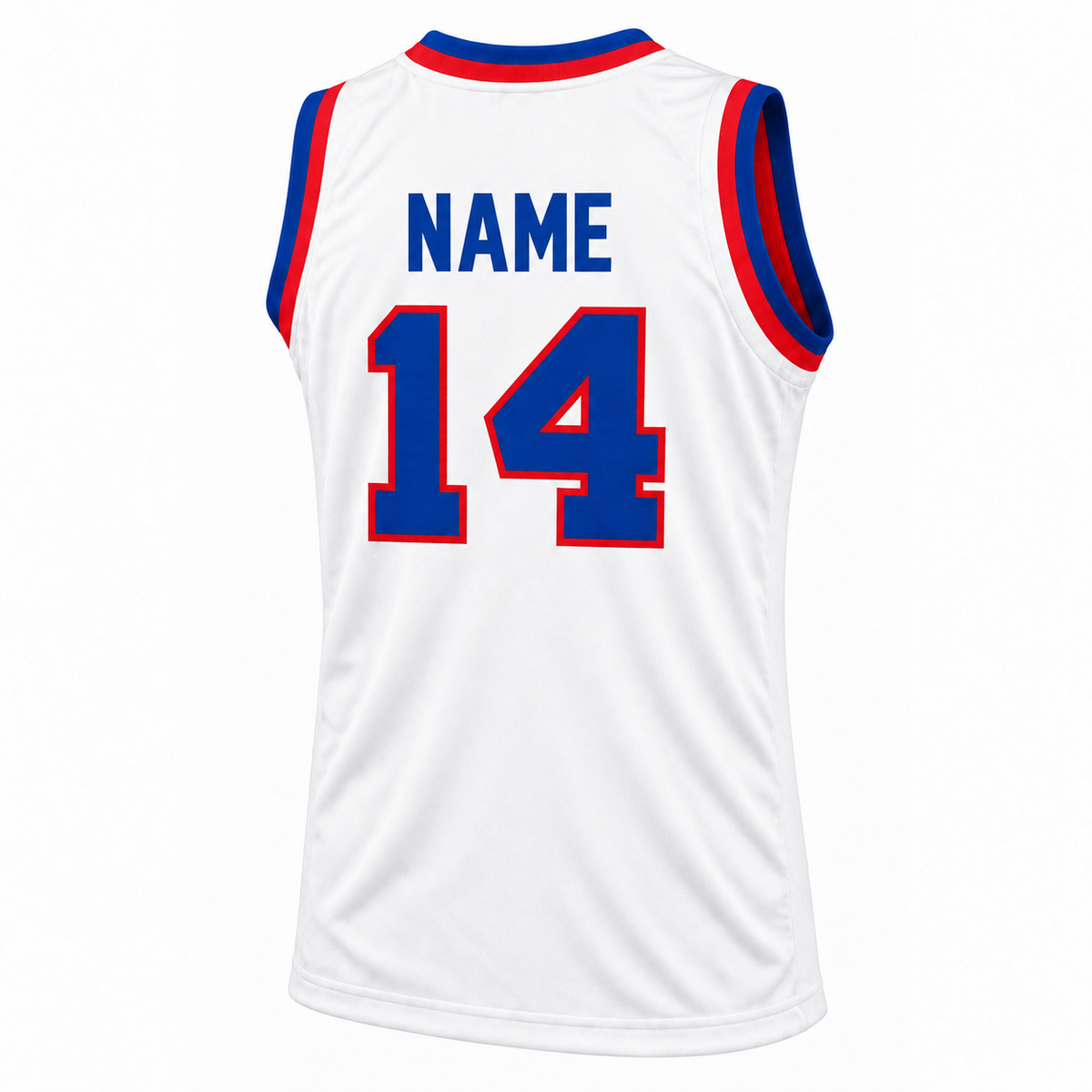 1960 USA white basketball jersey back mockup, royal blue NAME without outline and number 14 in royal blue with red outline.
