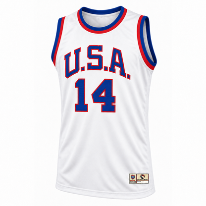 1960 USA white basketball jersey front mockup, U.S.A. and number 14 in royal blue with red outlines.