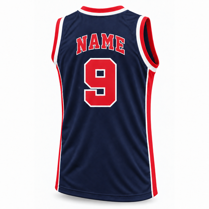 1984 USA basketball navy jersey back, number 9, NAME in matching block lettering.