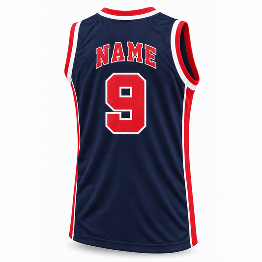 1984 USA basketball navy jersey back, number 9, NAME in matching block lettering.