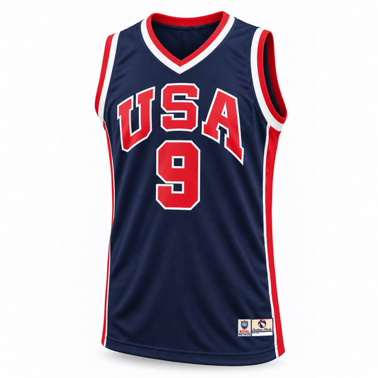 1984 USA basketball navy jersey front, number 9.