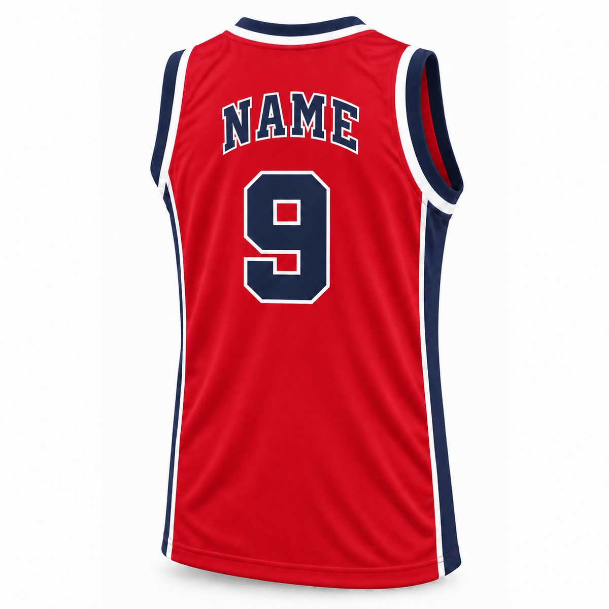 1984 USA basketball red jersey back, number 9, NAME in matching block lettering.