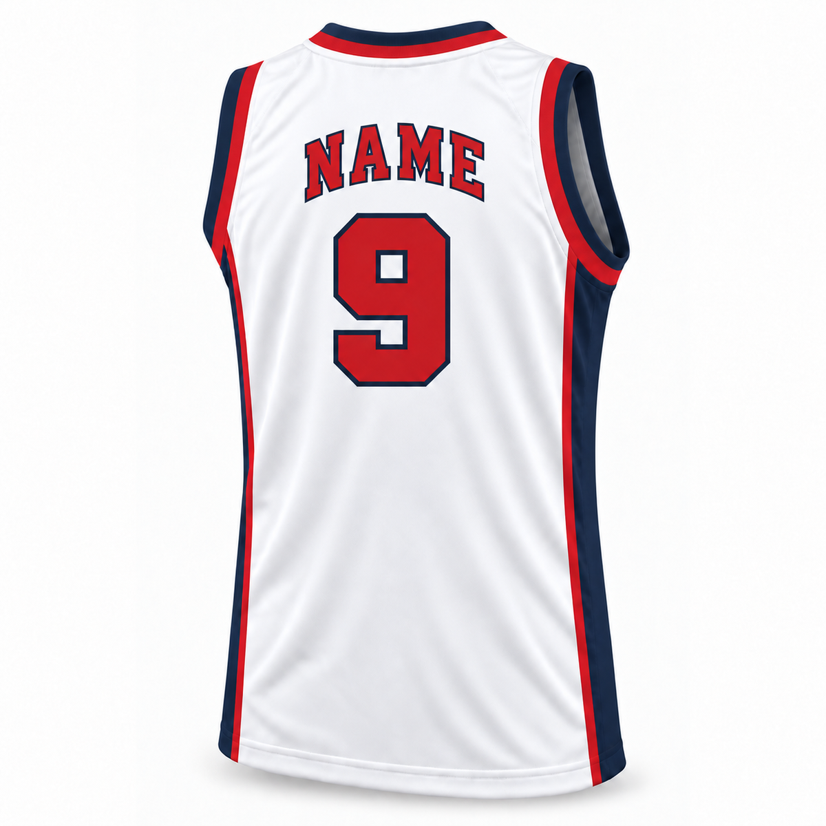 1984 USA basketball white jersey back, number 9, NAME in matching block lettering.