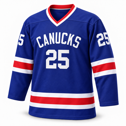 Vancouver Canucks WHL blue jersey front, number 25, standard V-neck.