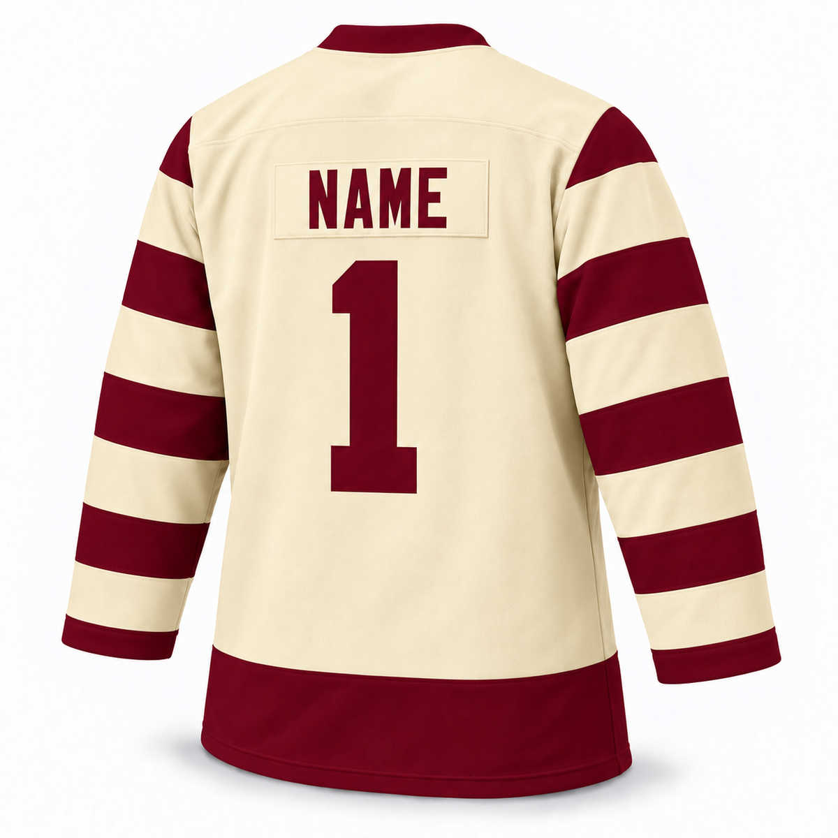 Vancouver Millionaires cream jersey back mockup with solid block NAME and number 1, no outlines. Approved turned template.