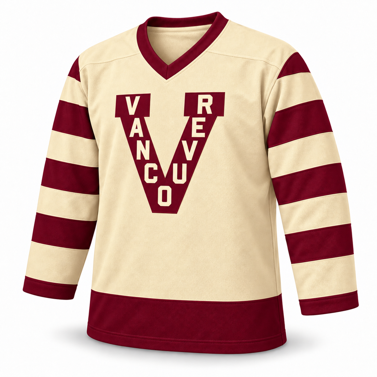 Vancouver Millionaires cream jersey front mockup with regular V-neck and Vancouver V crest. Approved turned template.