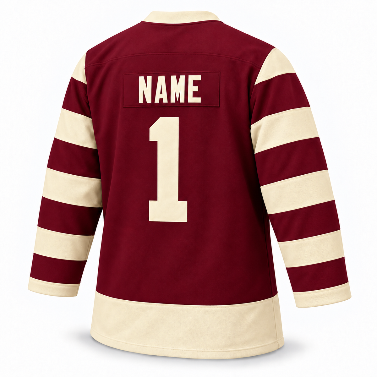 Vancouver Millionaires maroon jersey back mockup with solid block NAME and number 1, no outlines. Approved turned template.