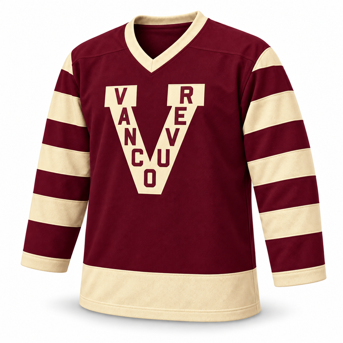 Vancouver Millionaires maroon jersey front mockup with regular V-neck and Vancouver V crest. Approved turned template.