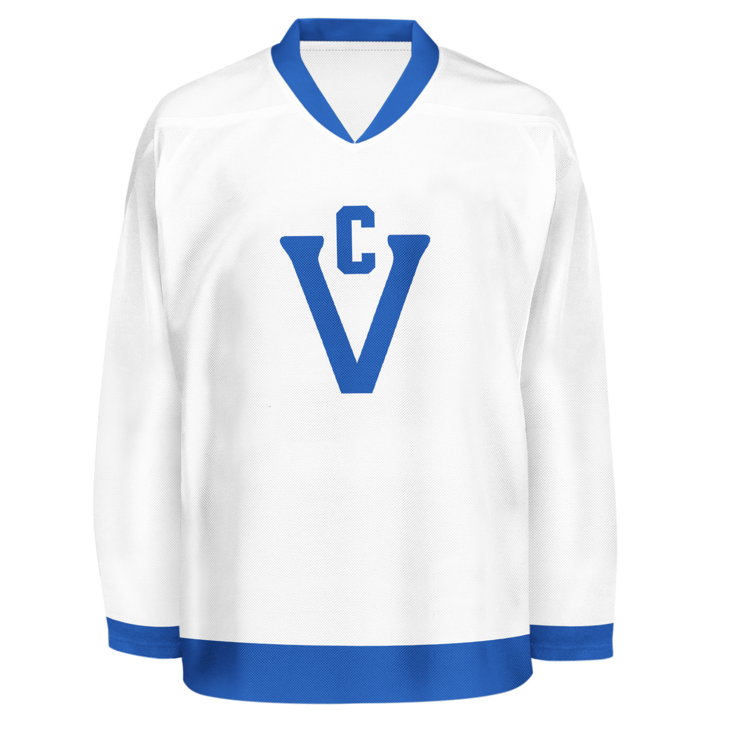 Victoria Cougars Jersey white. Blue trim around neck, waist, and ends of sleeves. Large blue V with a small white C just inside opening of V. Royal Retros