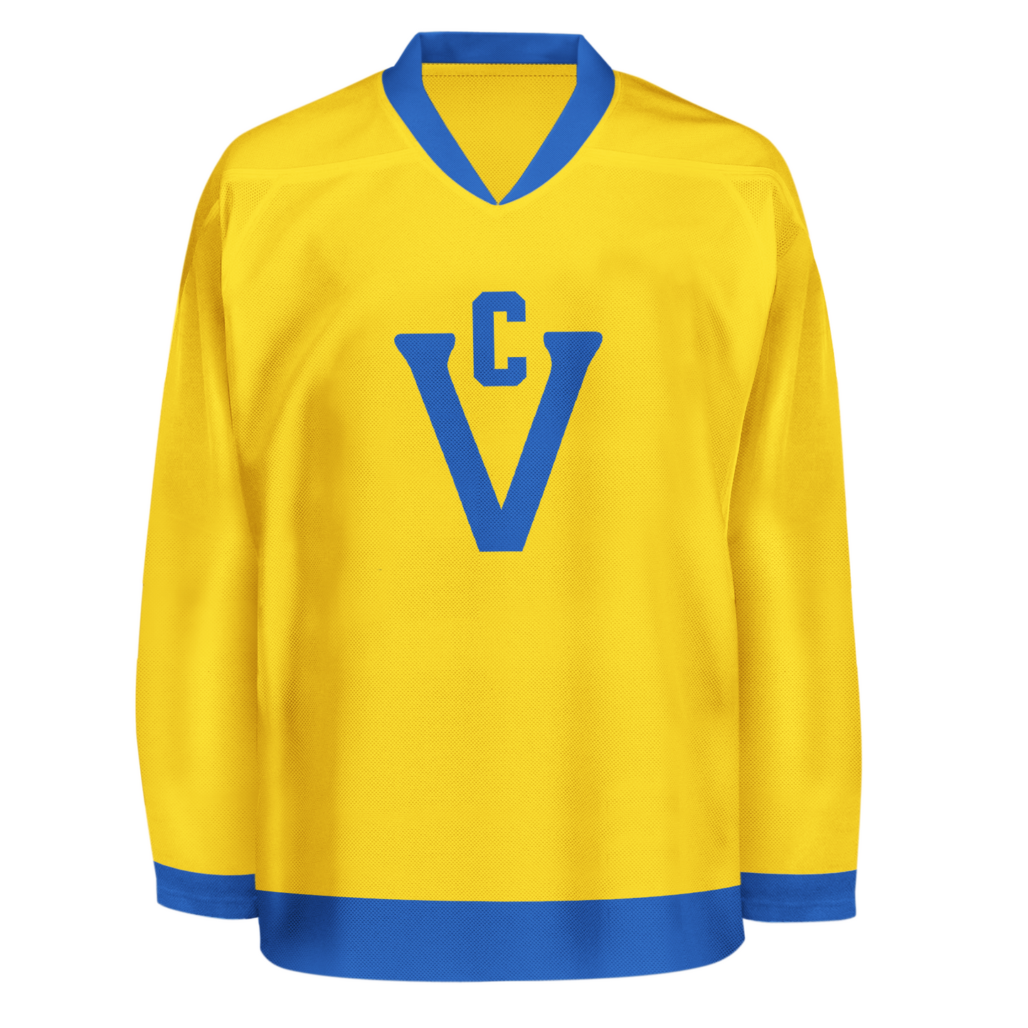 Victoria Cougars Jersey Yellow. blue trim around neck, waist, and ends of sleeves. Large blue V with a small white C just inside opening of V. Royal Retros