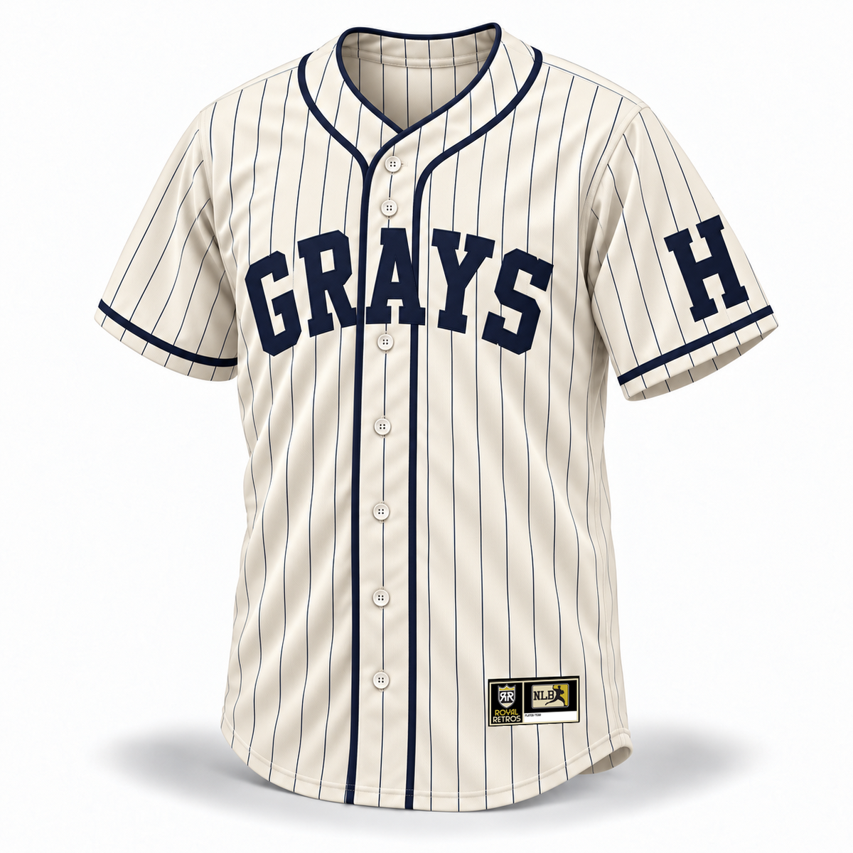 Washington Homestead Grays NLB jersey 1939 cream front mockup with navy pinstripes, navy GRAYS lettering, H sleeve patch and original NLB jock tag