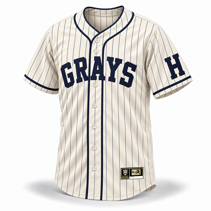 Washington Homestead Grays NLB jersey 1939 cream front mockup with navy pinstripes, navy GRAYS lettering, H sleeve patch and original NLB jock tag