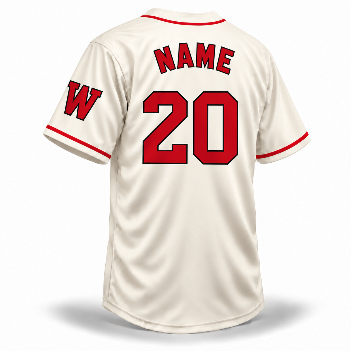 Washington Homestead Grays NLB jersey 1940 cream back mockup with red NAME and block number 20 outlined in black and red W sleeve patch