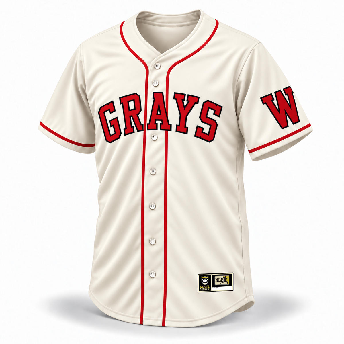 Washington Homestead Grays NLB jersey 1940 cream front mockup with red piping, red GRAYS lettering outlined in black, W sleeve patch and original NLB jock tag
