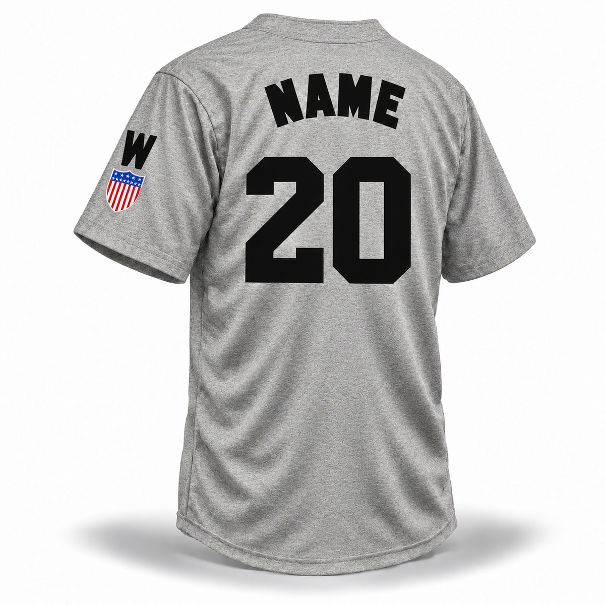 Washington Homestead Grays NLB jersey 1944 gray back mockup with solid black NAME and block number 20, W and shield sleeve patch