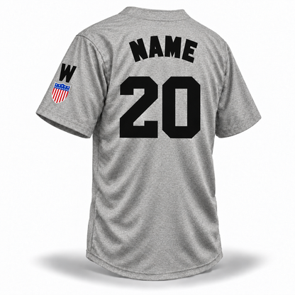 Washington Homestead Grays NLB jersey 1944 gray back mockup with solid black NAME and block number 20, W and shield sleeve patch