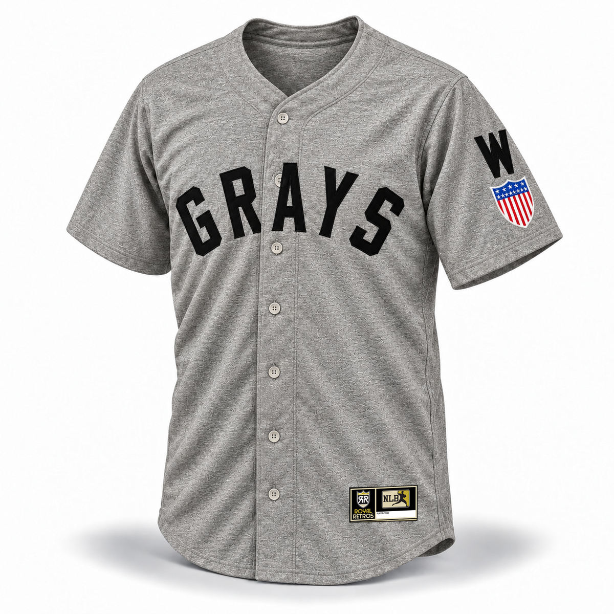 Washington Homestead Grays NLB jersey 1944 gray front mockup with black GRAYS lettering, black W above stars-and-stripes shield sleeve patch and original NLB jock tag