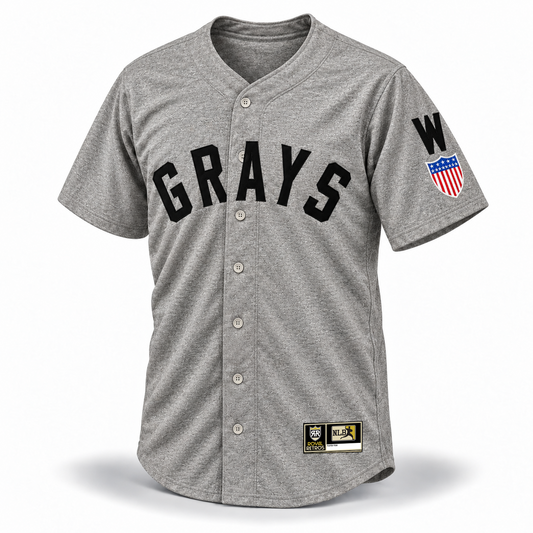 Washington Homestead Grays NLB jersey 1944 gray front mockup with black GRAYS lettering, black W above stars-and-stripes shield sleeve patch and original NLB jock tag