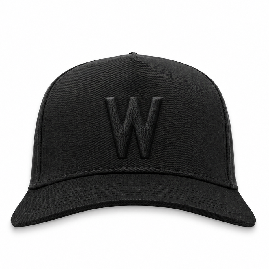 Washington Senators blackout snapback hat with tonal black 3D puff W embroidery, front view