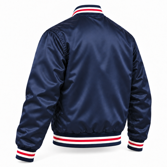 Washington Senators navy satin jacket, back three-quarter view. Plain back and sleeves with white-red-white striping on the navy rib-knit collar, cuffs and waistband.