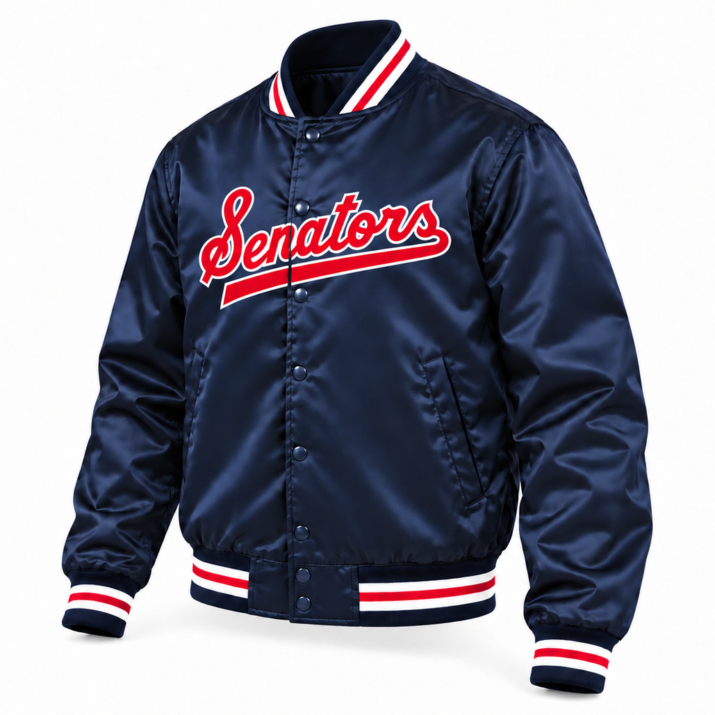 Washington Senators navy satin jacket, front three-quarter view. Red Senators script outlined in white with underline, visibly split at the snap opening, and white-red-white rib-knit striping.