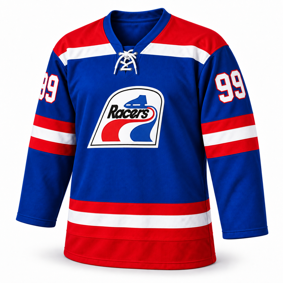 WHA Indianapolis Racers custom blue jersey front mockup, number 99