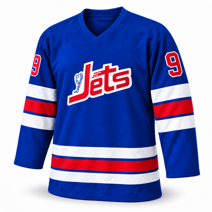 WHA Winnipeg Jets custom blue jersey front mockup, number 9