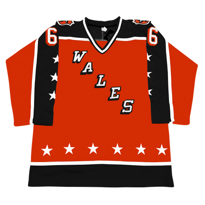 Prince of Wales Conference All-Star Hockey Jersey. Orange. Black shoulders and half black sleeves with white trim. 3 white stars on black part of sleeves. WALES diagonal left down to right, white letters with black trim. Thin white and wide black band at waist. Black, white, and black collar. 6 white stars above bands on waist. #66 in white with white trim on sleeves. Royal Retros.